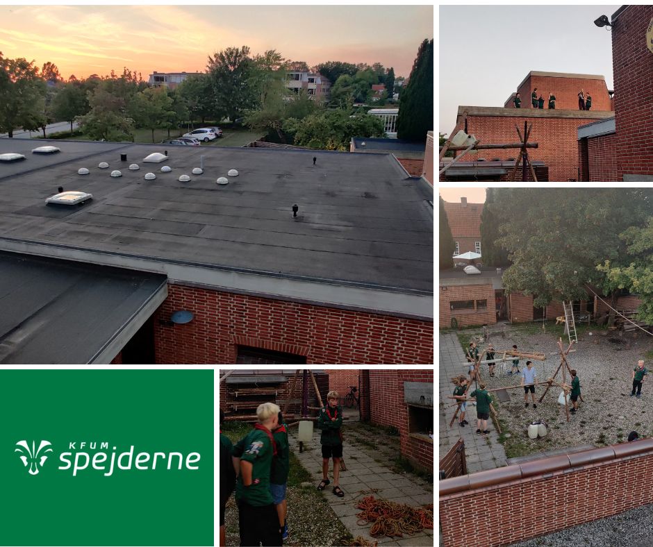 Vangede gruppes udtjente tag på spejderhuset og drenge der løber rundt i grønne uniformer