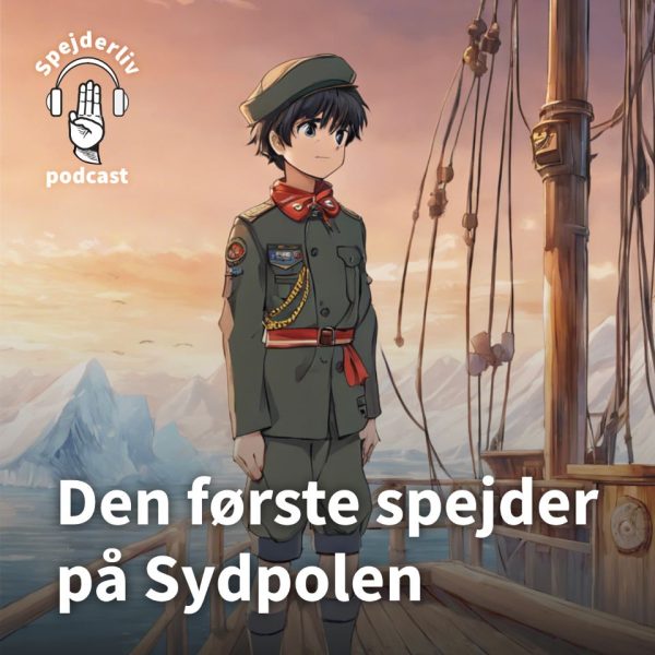 To spejderledere viser en færdselstavle for en gruppe børn