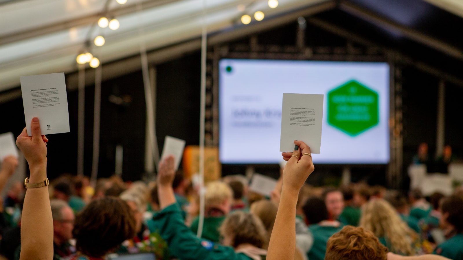 Hænder rækker stemmekort op i luften.